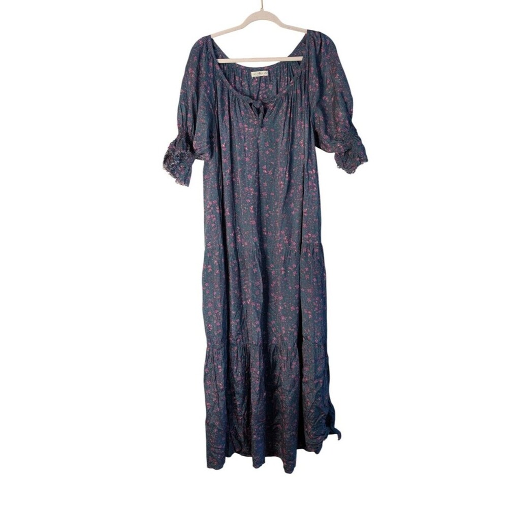 Natural Life Sienna Floral Maxi Dress Peasant raw hem Puff Sleeve Boho Navy LXL